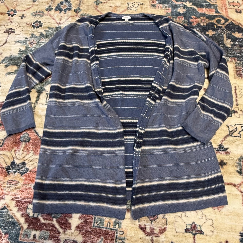 Pure Jill Striped Knit Cardigan Sweater Open Front Blue White Casual M